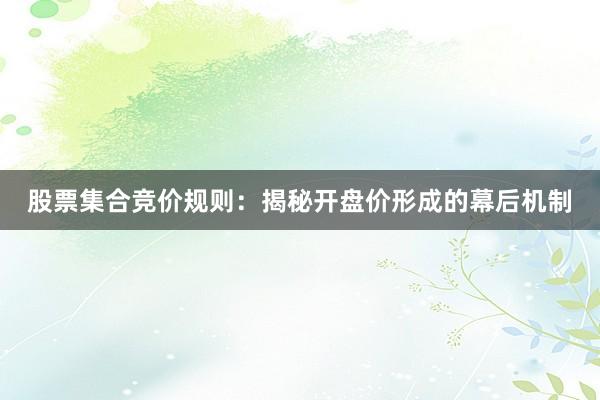 股票集合竞价规则:揭秘开盘价形成的幕后机制